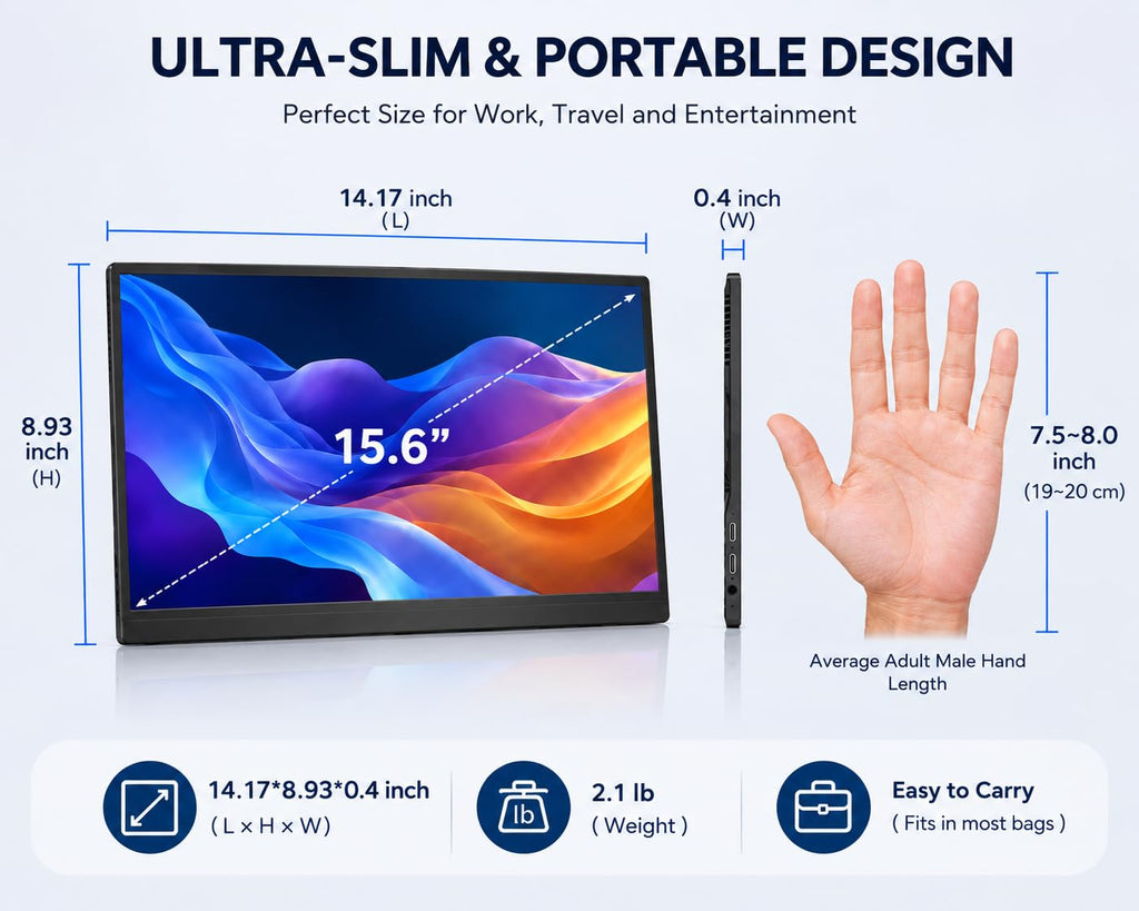 MNN 15.6" FHD 60Hz Portable Monitor USB-C HDMI IPS HDR Gaming Laptop | 15.6" FHD IPS HDR, USB-C one-cable, PC/Mac/Phone/Switch, Smart Case,Laptop , low blue, work&game
