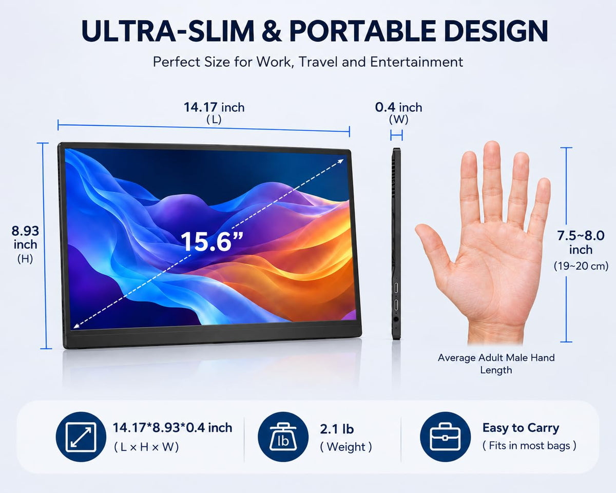 MNN 15.6" FHD 60Hz Portable Monitor USB-C HDMI IPS HDR Gaming Laptop | 15.6" FHD IPS HDR, USB-C one-cable, PC/Mac/Phone/Switch, Smart Case,Laptop , low blue, work&game