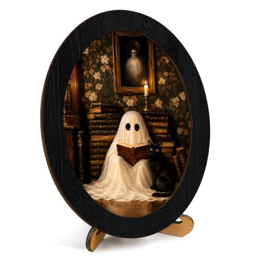 Framed Vintage Halloween Ghost Oval Wall Art, Ghost Reading Book Halloween Wall Decor, Ghosts Canvas Art Prints for Home Living Room Bedroom Office Entryway Gothic Decor