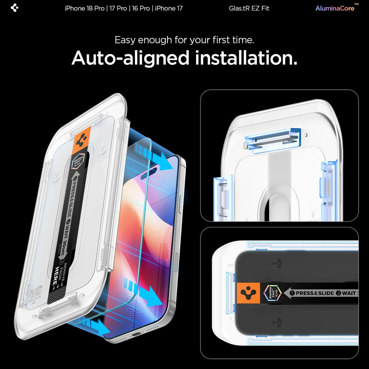 Spigen GlasTR EZ FIT Screen Protector for iPhone 18 Pro, 17 Pro, 17, 16 Pro | AluminaCore Aluminum-enhanced 9H+ tempered glass, Auto-align tray, 100% clarity, Original touch, Case-friendly, 2Pack