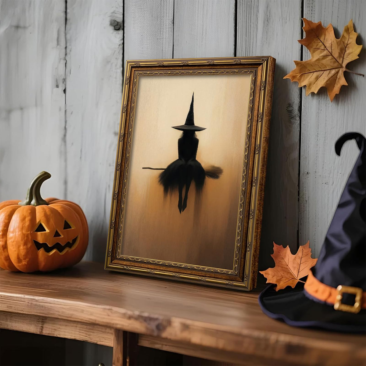 Vintage Gold Framed Halloween Canvas Wall Art, (Witch, 8"x10", Framed) | Minimalist Halloween Witch Pictures Wall Decor, Gothic Spooky Prints Paintings, Dark Academia Artwork for Living Room