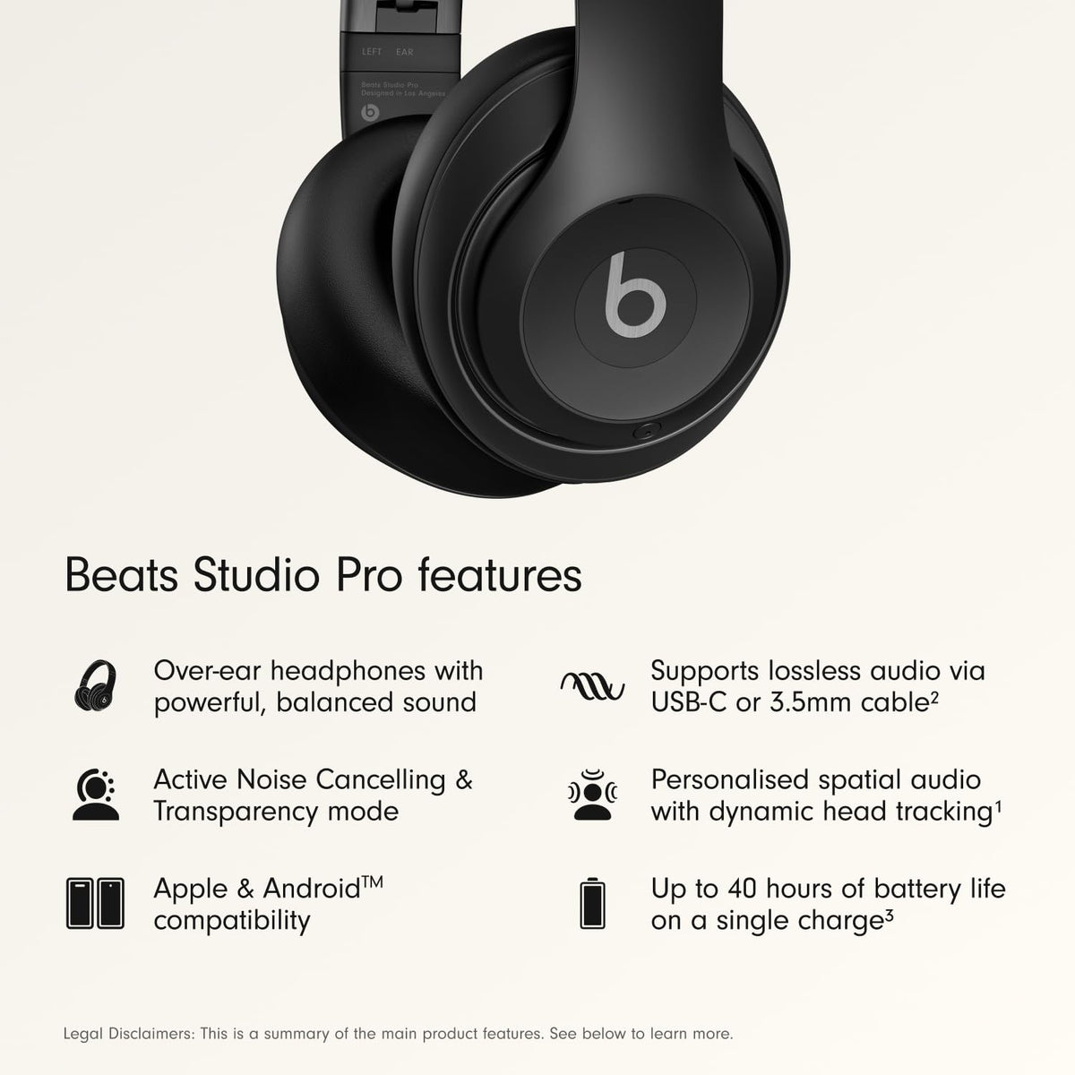 Beats Studio Pro Premium Wireless Over-Ear Headphones- Up to 40-Hour Battery Life, Active Noise Cancelling, Great for Travel & Commuting, USB-C Lossless Audio, Apple & Android Compatible -Black