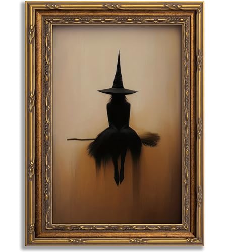 Cgglye Vintage Halloween Canvas Wall Art Witch on A Broom Wall Decor Gothic | Dark Academia Posters, Spooky Witchcraft Magic Painting Print Artwork for Living Room Bedroom Decor, Unframed