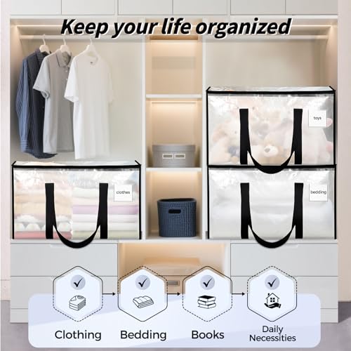 ukeetap 8 Pack Extra Large Clothes Storage Bins with Lids, Clear | Storage Bags with Reinforced Handles & Heavy-Duty Zippers, Moving Bags Boxes Totes for Clothes Packing, Dorms, College