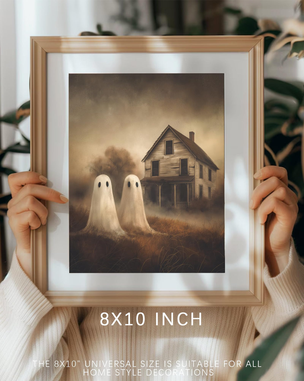 Vodefoad Retro Cute Ghost Decor Halloween Painting Spooky Silhouette Ghosts Haunted House Art Victorian Ghost Posters Pictures for Living Room, Bedroom, Bathroom, halloween Room decor - 8x10 Inch Unframed