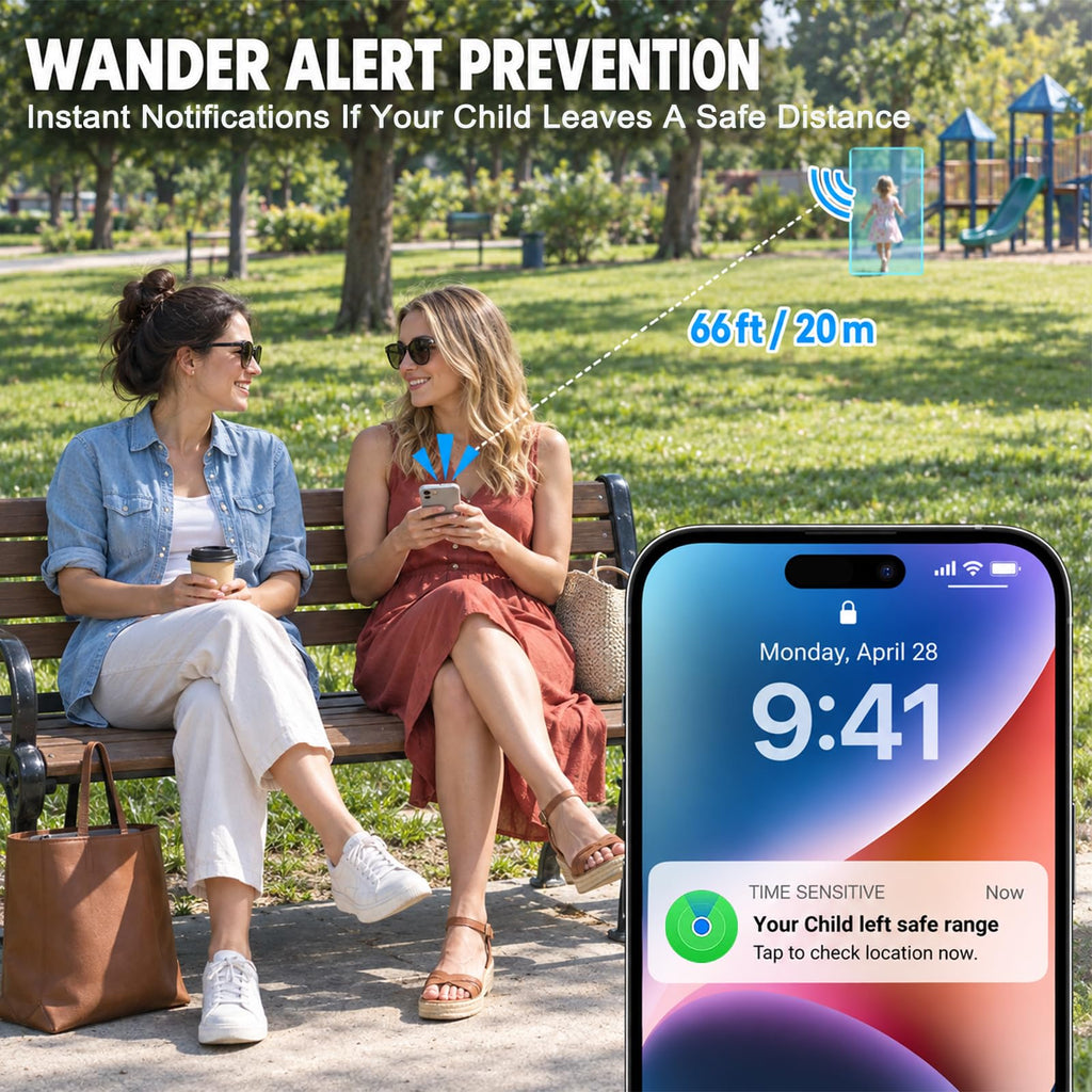 GPS Tracker for Kids with Real-Time Location Tracking & Family Sharing, Apple & Android Compatible, No Monthly Fees & No SIM Card, Wristband & Keychain Included, IP68 Waterproof, Black