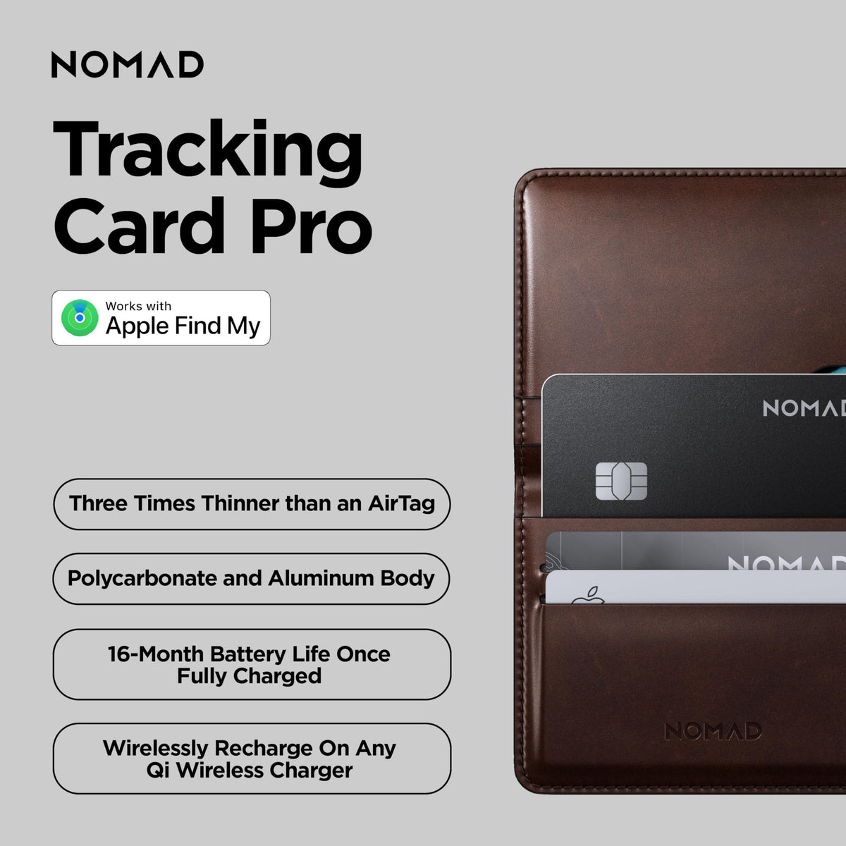 Nomad Tracking Card Pro Black, Premium Wallet Tracker with Apple Find My, 16-Month Battery Life, IPX7 Waterproof, Polycarbonate and Aluminum Design, TSA Approved, Wireless Rechargeable, iOS Only