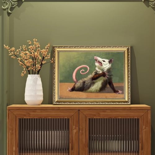 Gold Framed Funny Opossum Wall Art, Whimsical Possum Wall Decor Painting Cute Animal Poster Canvas Prints Picture for Bedroom Living Room 8x10 inch