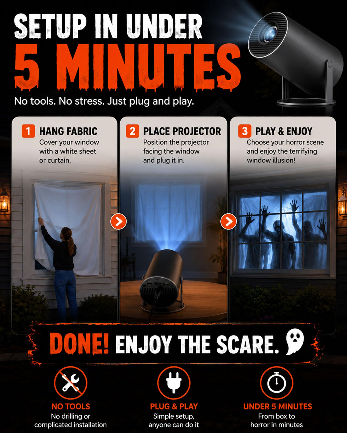 Scary Decorations Halloween Window Projector，black：With Effect fabric | Built-In Horror Videos, Scenes with Easy Setup, Wifi Streaming, Bluetooth Speaker, 210° Rotation & Auto Keystone Correction