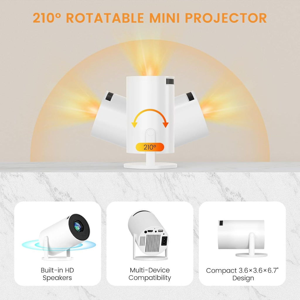 Mini Projector with Wifi and Bluetooth, Built-in App Portable Projector | Portable Projector 4K Support,Smart Video Projector with 210° Rotation,Compatible with iPhone/Android/Laptop/TV Stick