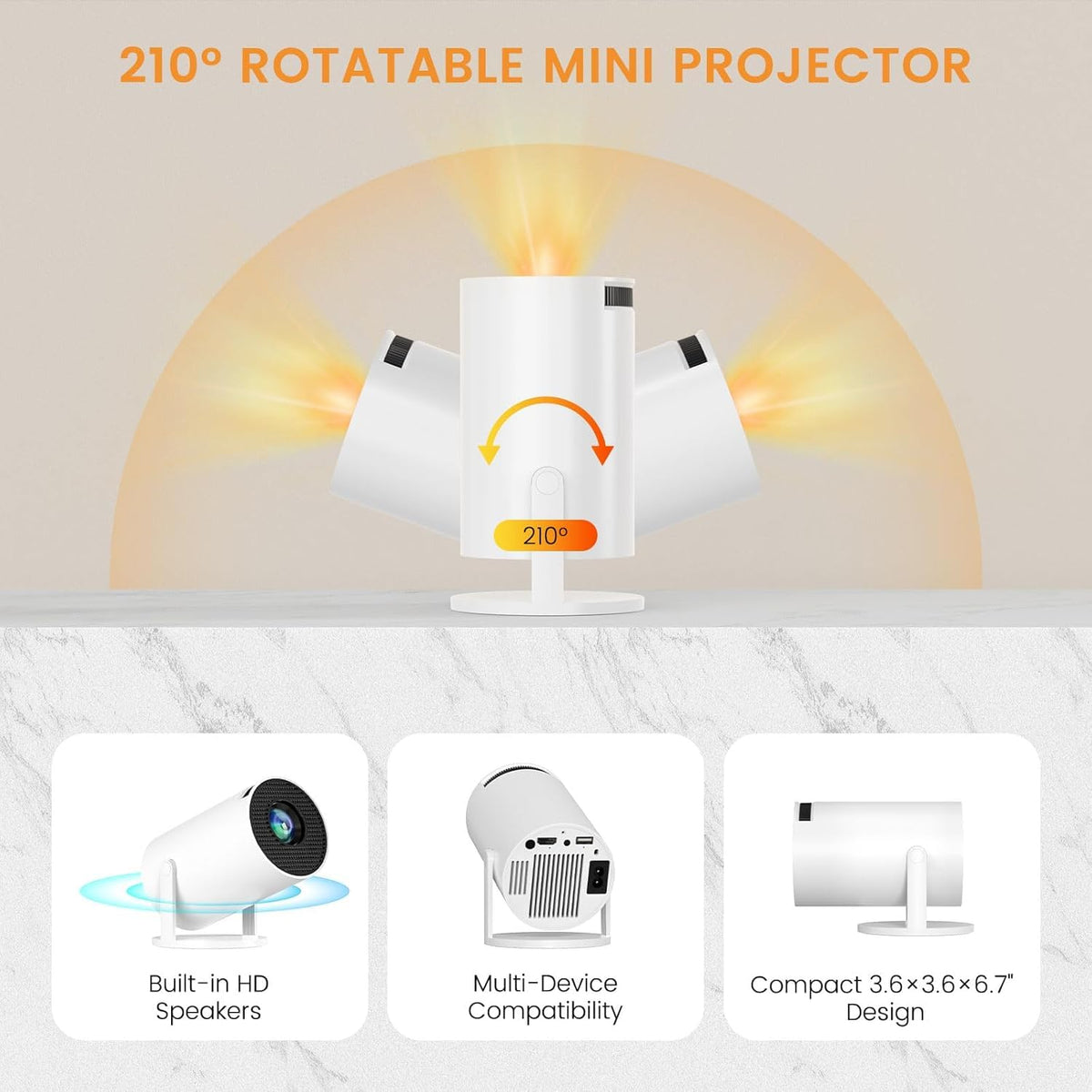 Mini Projector with Wifi and Bluetooth, Built-in App Portable Projector | Portable Projector 4K Support,Smart Video Projector with 210° Rotation,Compatible with iPhone/Android/Laptop/TV Stick