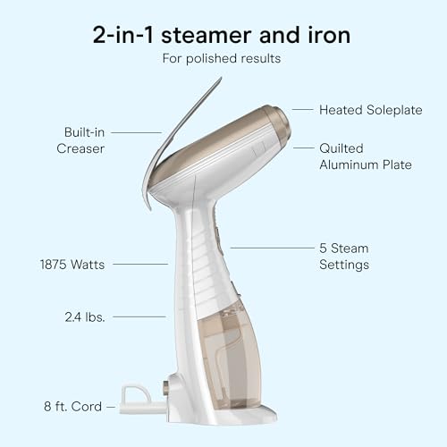Conair Steamer for Clothes & Upholstery, Handheld, 3 Attachments, White | Powerful 1875W clothes steamer with 7.3 oz. water tank and 5 steam settings heats up in 40 seconds and runs for 20 minutes