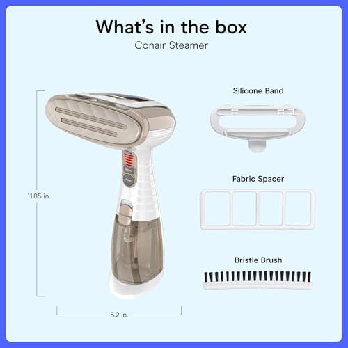 Conair Steamer for Clothes & Upholstery, Handheld, 3 Attachments, White | Powerful 1875W clothes steamer with 7.3 oz. water tank and 5 steam settings heats up in 40 seconds and runs for 20 minutes