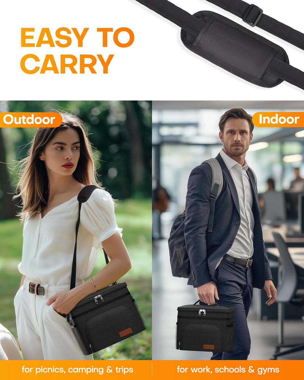 HOTOR Insulated Lunch Box Men Women Leak-Proof Cooler Lunch Bag 9L | 4 Pockets, Adjustable Strap, Ideal for Work, Picnic, Travel, Camping, Gift, Black