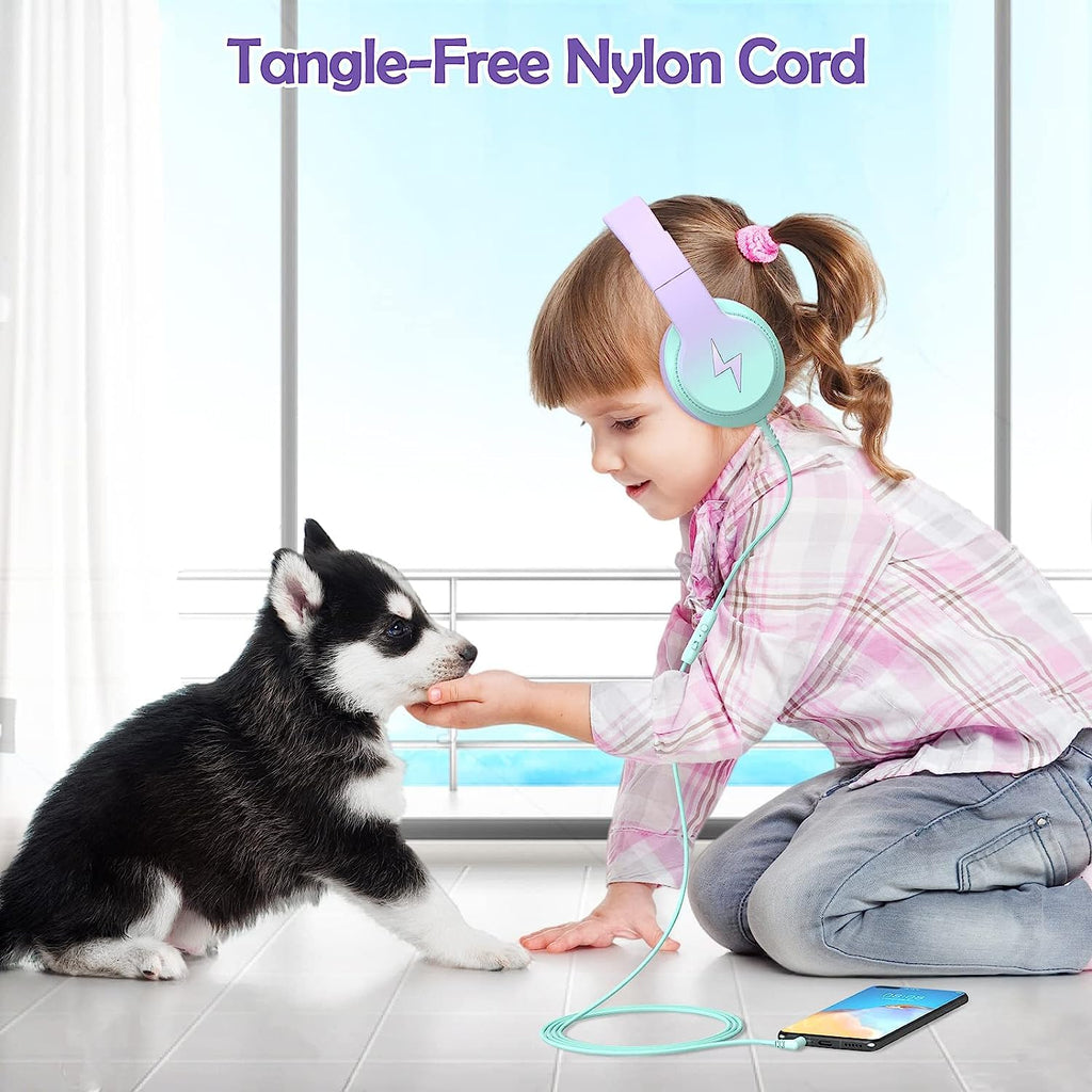Candy Bila Wired Kids Headphones for School, Over-Ear for Boys Girls | Volume Limiter 85/94dB, HD Stereo Sound, Microphone and Wired Control,Foldable Design, Gradient Purple