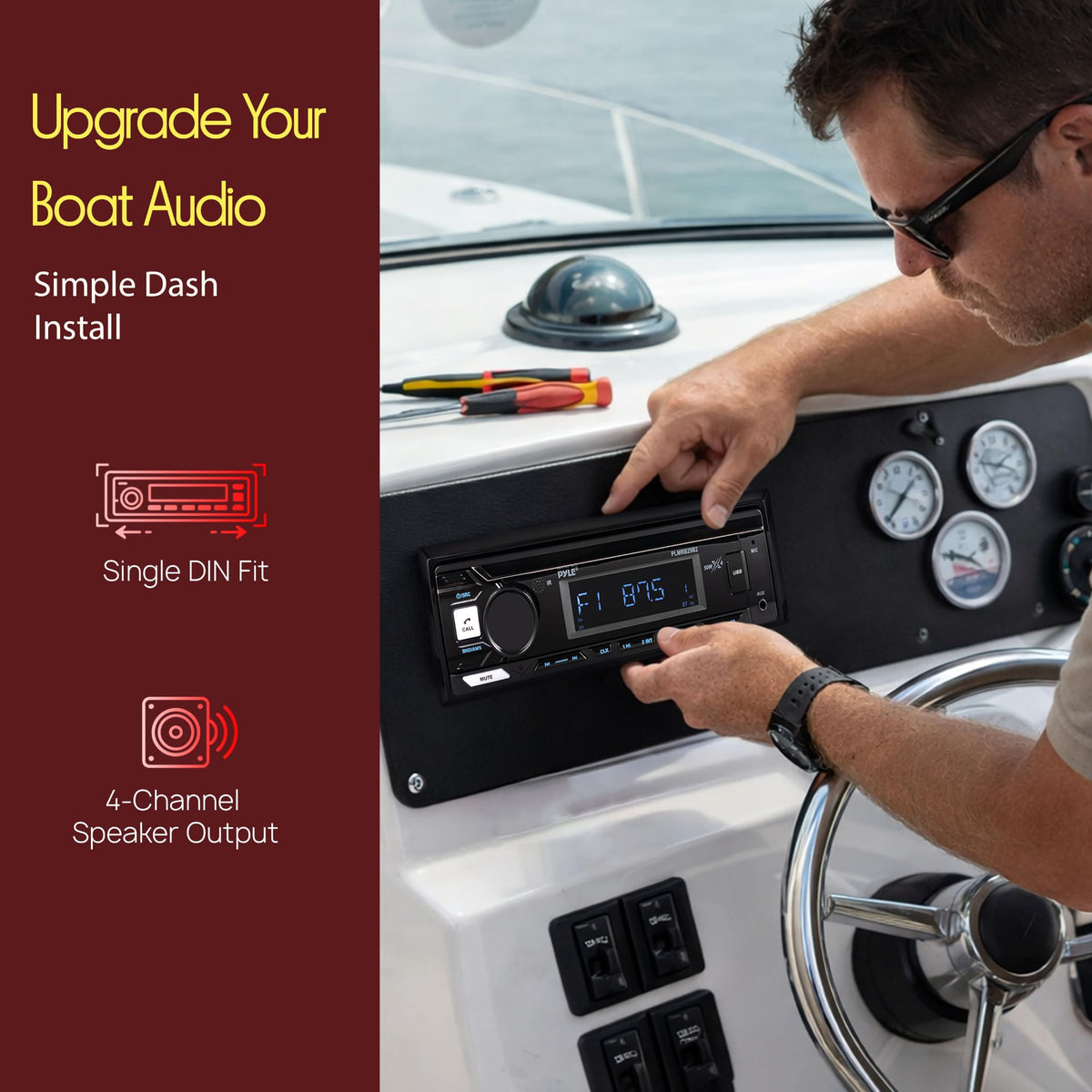 Pyle Marine Radio Stereo Receiver with Bluetooth MP3 Player - Single DIN Boat Audio System, AM/FM Tuner, USB/AUX Input, 30 Preset Stations, Hands-Free Calling, 300W Max Power for Marine and Boat Use