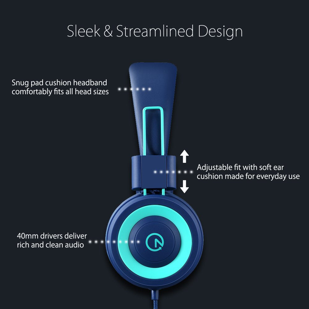 noot products K11 Kids Headphones with Wired Cord 3.5mm Jack Navy/Teal | 5ft Long Cord, Tangle Free, Foldable, Plug in On-Ear Headset for School, Classroom, Boys, Girls, Toddler Laptop Travel Tablet