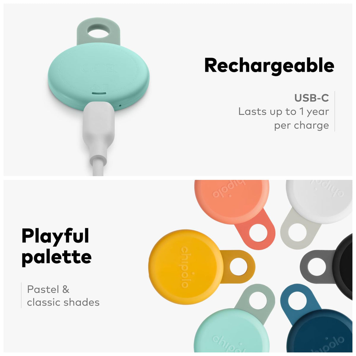 Chipolo Loop - Rechargeable Bluetooth Tracker for Key and Item Locator | Compatible with Apple or Google, Call Your Phone & Out of Range Alerts for Android (Charcoal)