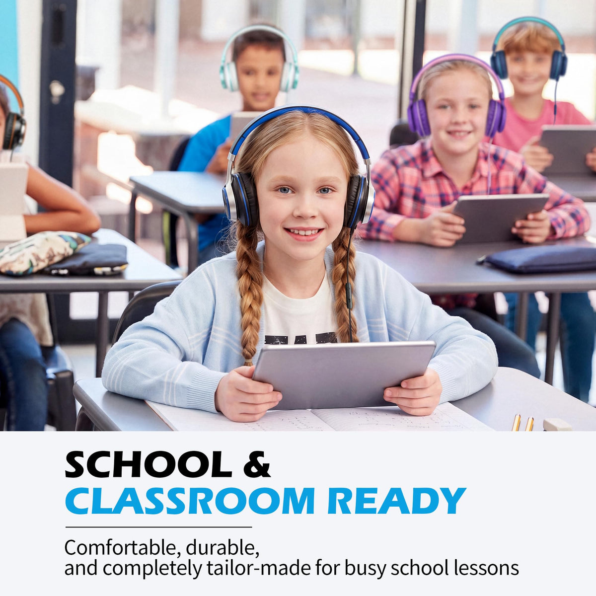 AILIHEN C8 Kids Wired Headphones with Mic for School, 3.5mm Jack, BlackBlue | On Ear Headsets and Volume Control Foldable, Corded Computer Chromebook for Children Teens Classroom Online Learning Travel