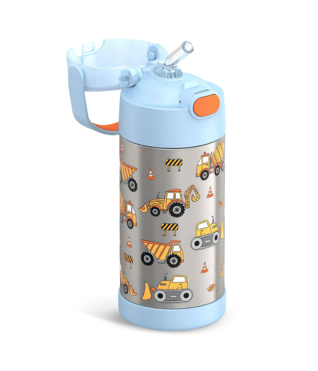 THERMOS FUNTAINER Water Bottle with Straw, 12oz, Construction | Kids Stainless Steel Insulated Water Bottle, Keeps Drinks Cold Longer for School & Play, BPA-Free