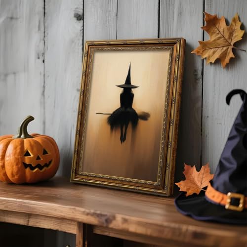 Vintage Gold Framed Halloween Canvas Wall Art, (Witch, 8"x10", Framed) | Minimalist Halloween Witch Pictures Wall Decor, Gothic Spooky Prints Paintings, Dark Academia Artwork for Living Room