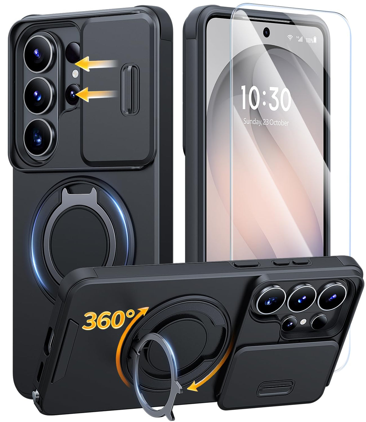 JAME for Samsung Galaxy S26 Ultra Case with Ring Stand & Slide Camera Cover | Ring Holder Kickstand, Screen Protectors, Dual-Layer Shockproof Protective, Magnetic Accessory Friendly Phone Case, Black