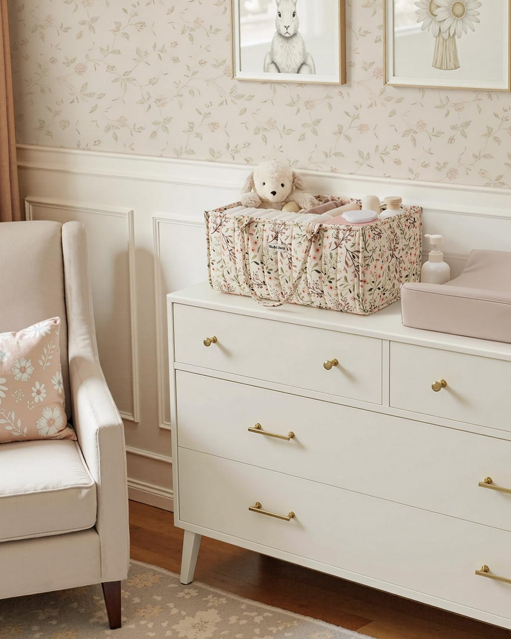 Blissful Diary Floral Diaper Caddy Organizer Storage Basket, Pastoral Daisy | Portable Storage Basket with Removable Dividers, Gift for Baby Shower, Newborn Boy & Girl Essentials, Baby Registry Must Have