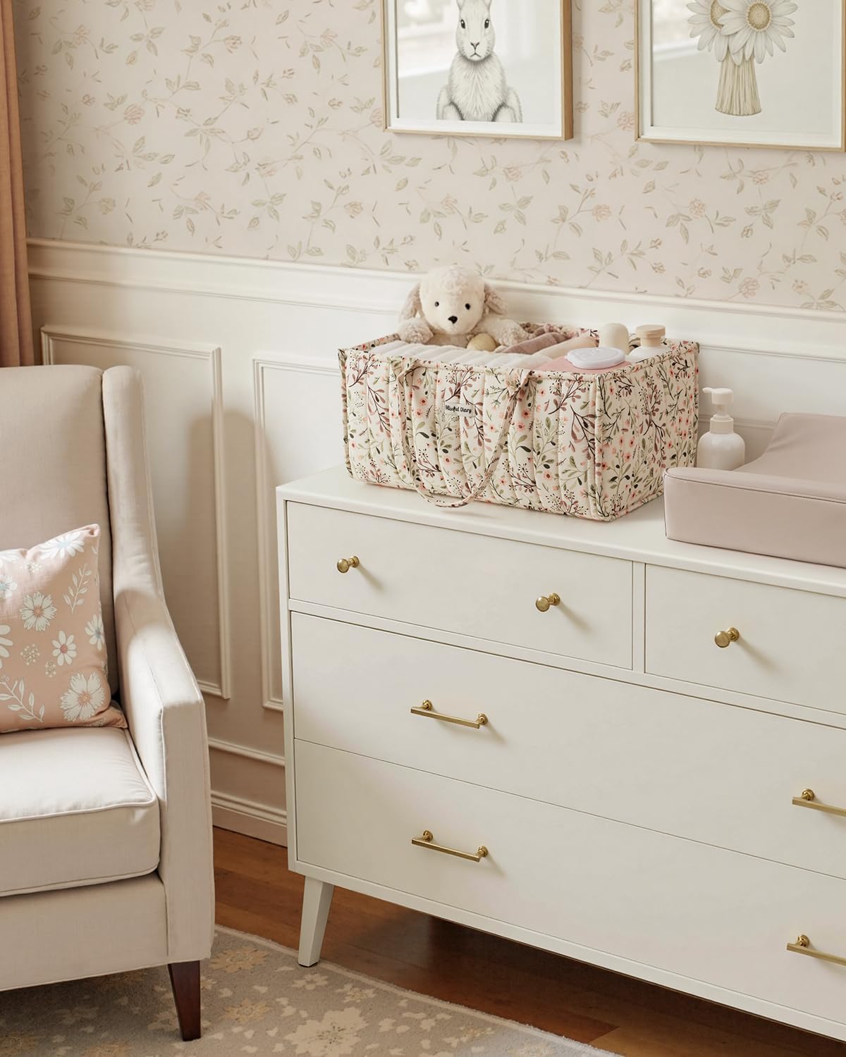 Blissful Diary Floral Diaper Caddy Organizer Storage Basket, Pastoral Daisy | Portable Storage Basket with Removable Dividers, Gift for Baby Shower, Newborn Boy & Girl Essentials, Baby Registry Must Have