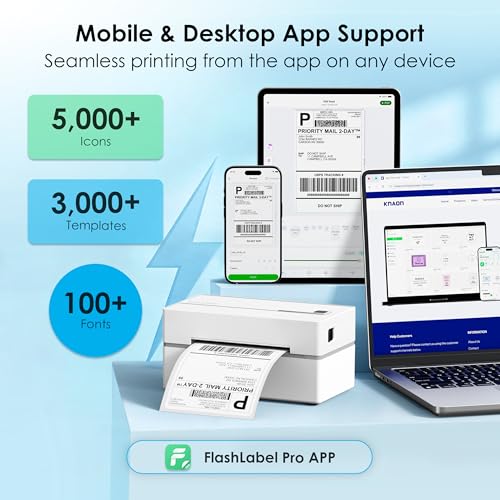 KNAON Bluetooth Thermal Shipping Label Printer, 4x6 Portable Thermal Address Label Printer for Small Business, Compatible with iPhone,Android,Windows,Mac–Works with Etsy Shopify USPS&More, White