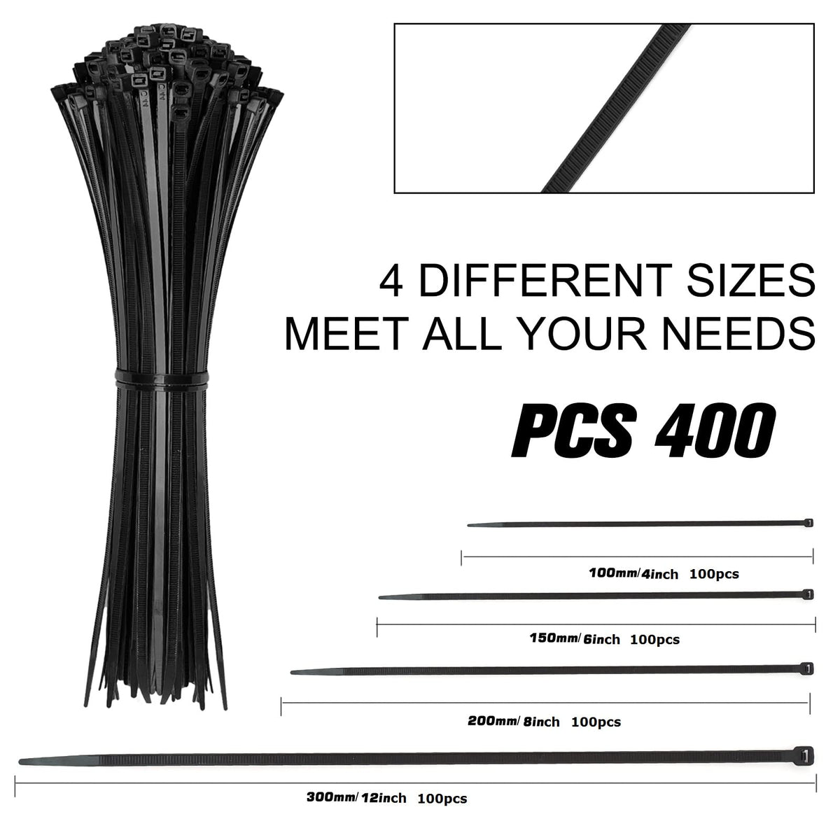 Cable Zip Ties,400 Pack Black Assorted Sizes 12+8+6+4 Inch,Multi-Purpose Self-Locking Nylon Cable Cord Management,Plastic Wire Ties for Home,Office,Garden,Workshop. By HAVE ME TD
