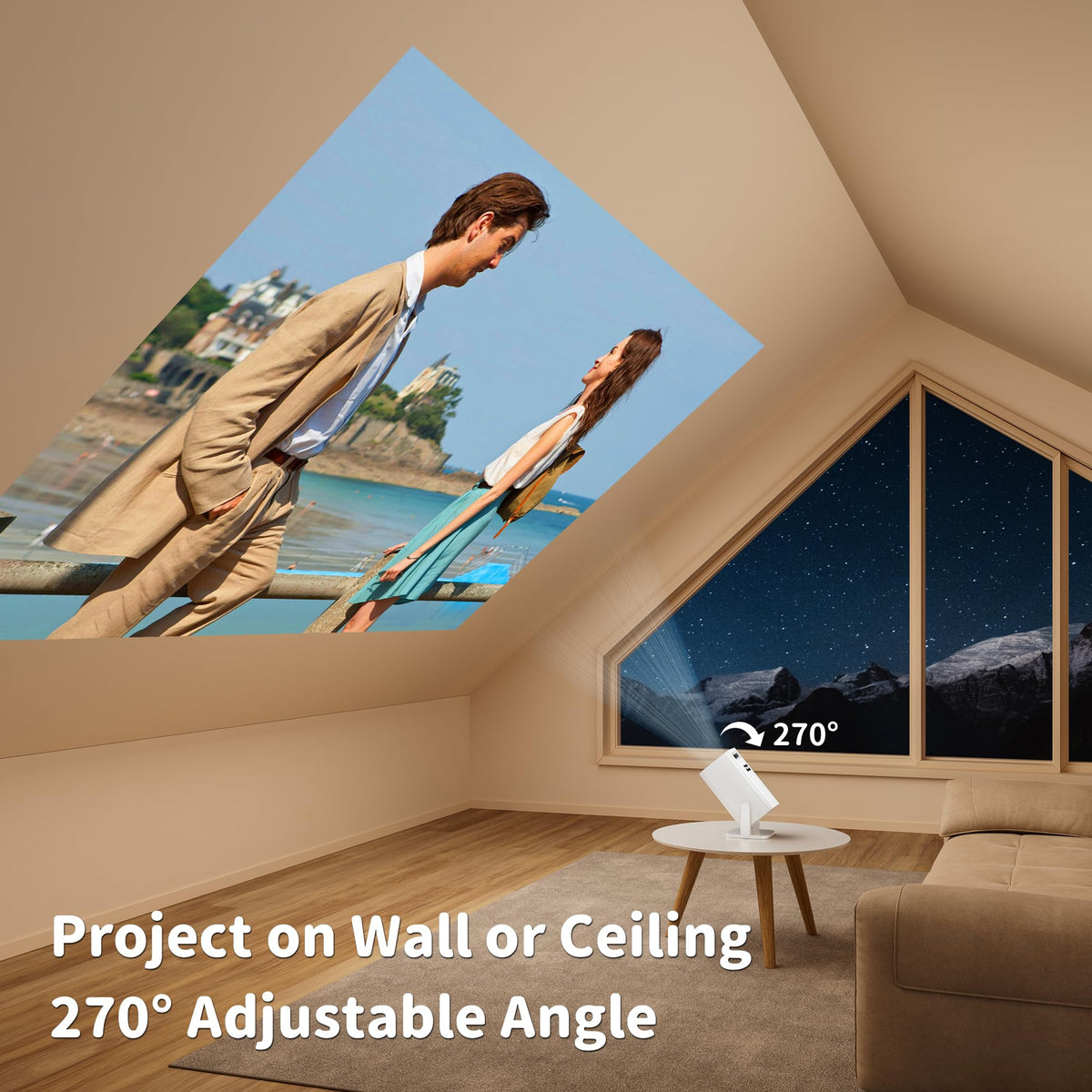Mini Projector with 4K Support, Portable Short Throw Proyector | Electric Focus&Keystone, 270° Rotatable Stand, Compatible with TV Stick, Phone & Laptop, Holiday Gift Idea