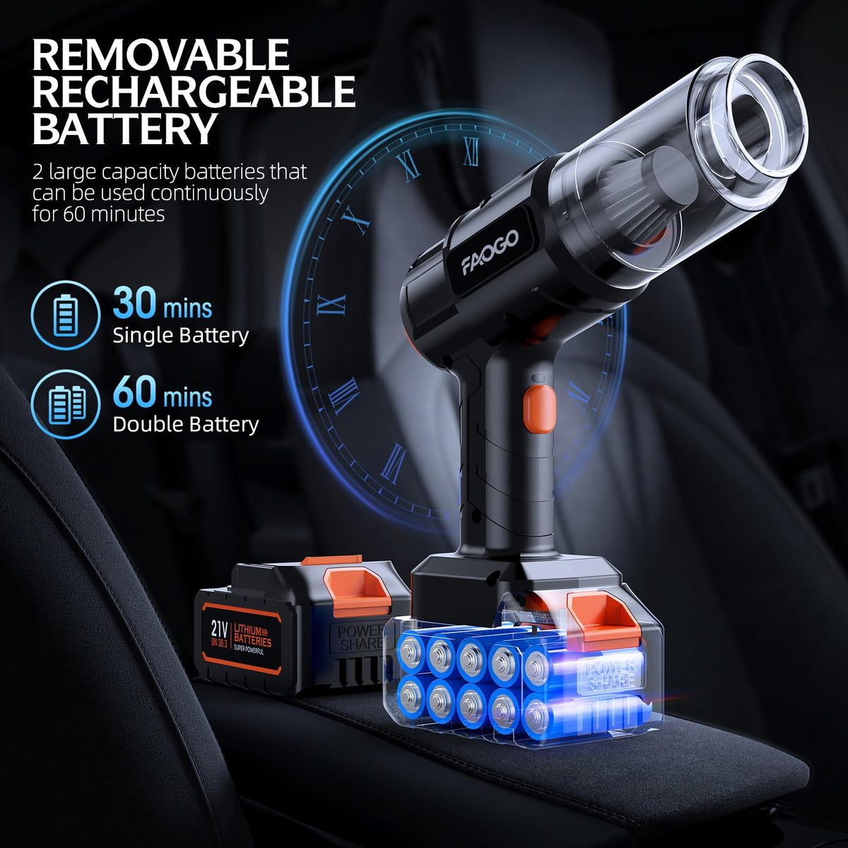 Car Vacuum Portable Cordless, 50000Pa High Power Brushless Motor, Rechargeable Handheld Vacuum with 2 Batteries & Charger, 6-in-1 Vacuum Cleaners for Home, Pet Hair & Keyboard, Ink Black