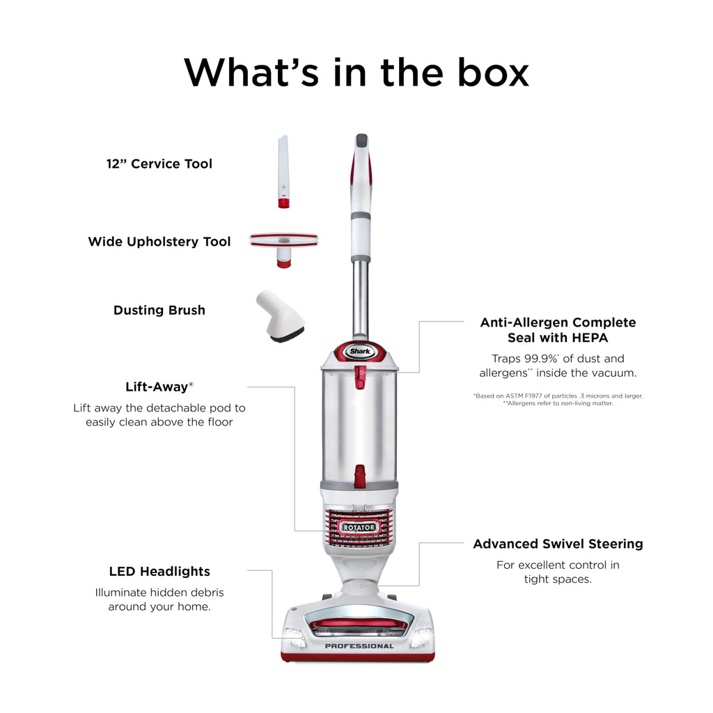 Shark Rotator Lift-Away Upright Vacuum with HEPA Filter, White/Red, NV501 | Lift-Away Pod, 0.9-Qt Dust Cup, Swivel Steering, LED Headlights, Wide Upholstery Tool, Dusting Brush and Crevice Tool