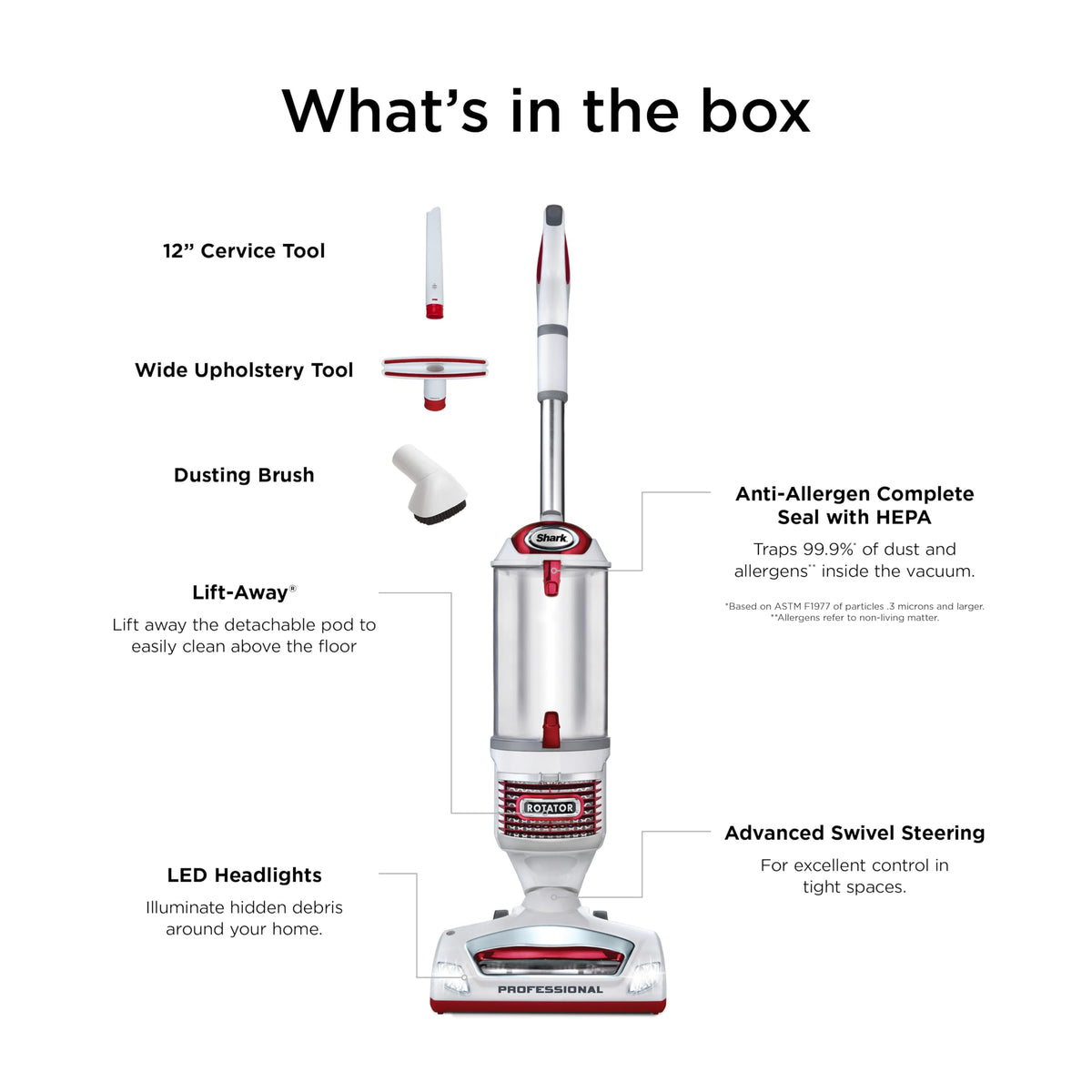 Shark Rotator Lift-Away Upright Vacuum with HEPA Filter, White/Red, NV501 | Lift-Away Pod, 0.9-Qt Dust Cup, Swivel Steering, LED Headlights, Wide Upholstery Tool, Dusting Brush and Crevice Tool