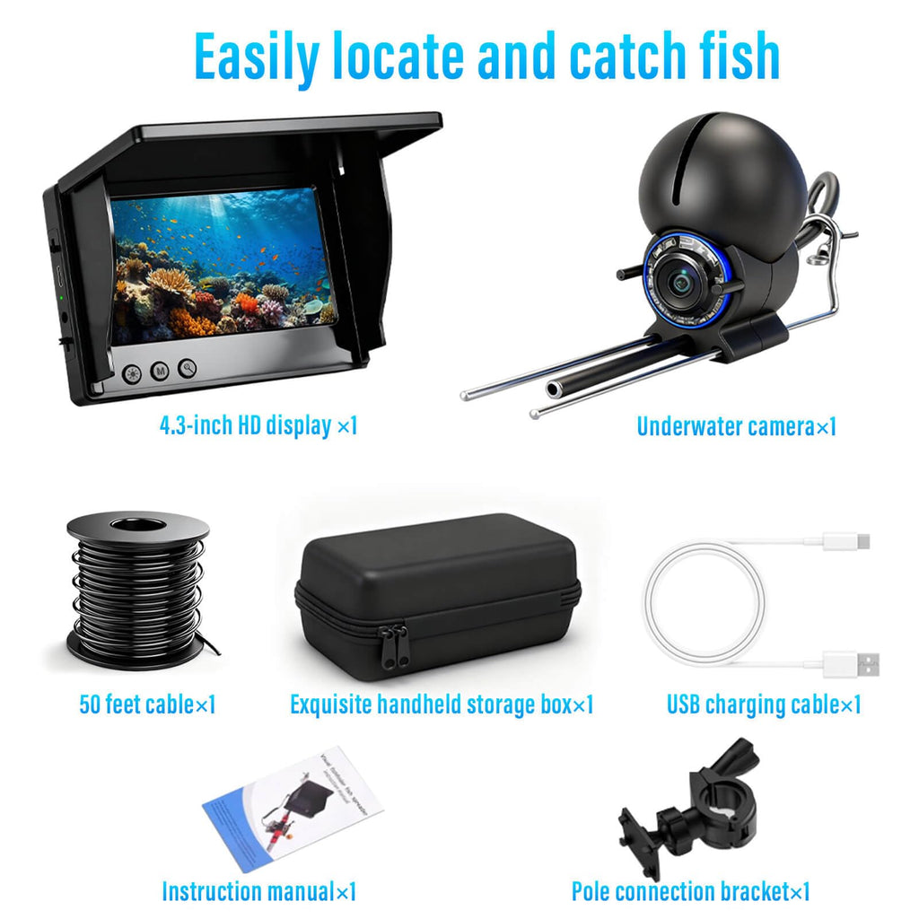 Underwater Fishing Camera 1080P HD 4.3" IPS Screen 50ft Cable | 6000mAh Battery, USB-C Charging, IR Night Vision, 220° Wide Angle, 66lb Cable, CE/FCC/RoHS, for Lake Boat Kayak Ice Fishing