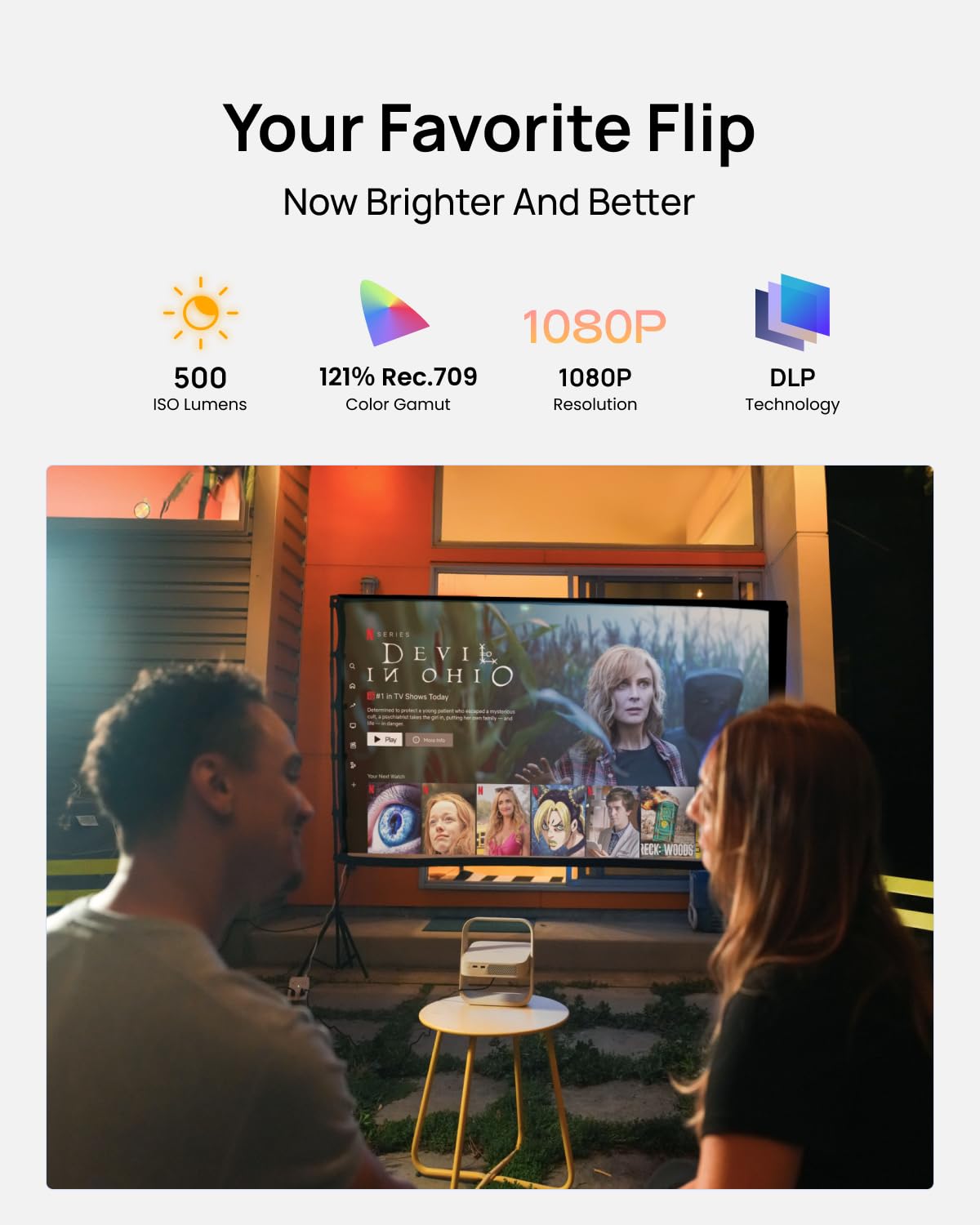 XGIMI Elfin Flip Plus Portable Projector, 500 ISO Lumens, Adjustable Stand | Google TV with Licensed Netflix, 1080P Resolution Home Projector, Lightweight and Compact Design, Screen Adaption