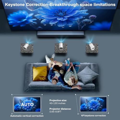Mini Projector, Portable Smart Projector 4K WiFi 6 BT 5.4 [Built-in App] | Auto Keystone, Movie Projector Compatible With HDMI/USB/TV Stick/Smartphone/Laptop/PS5 Home Theater 180° Rotation White