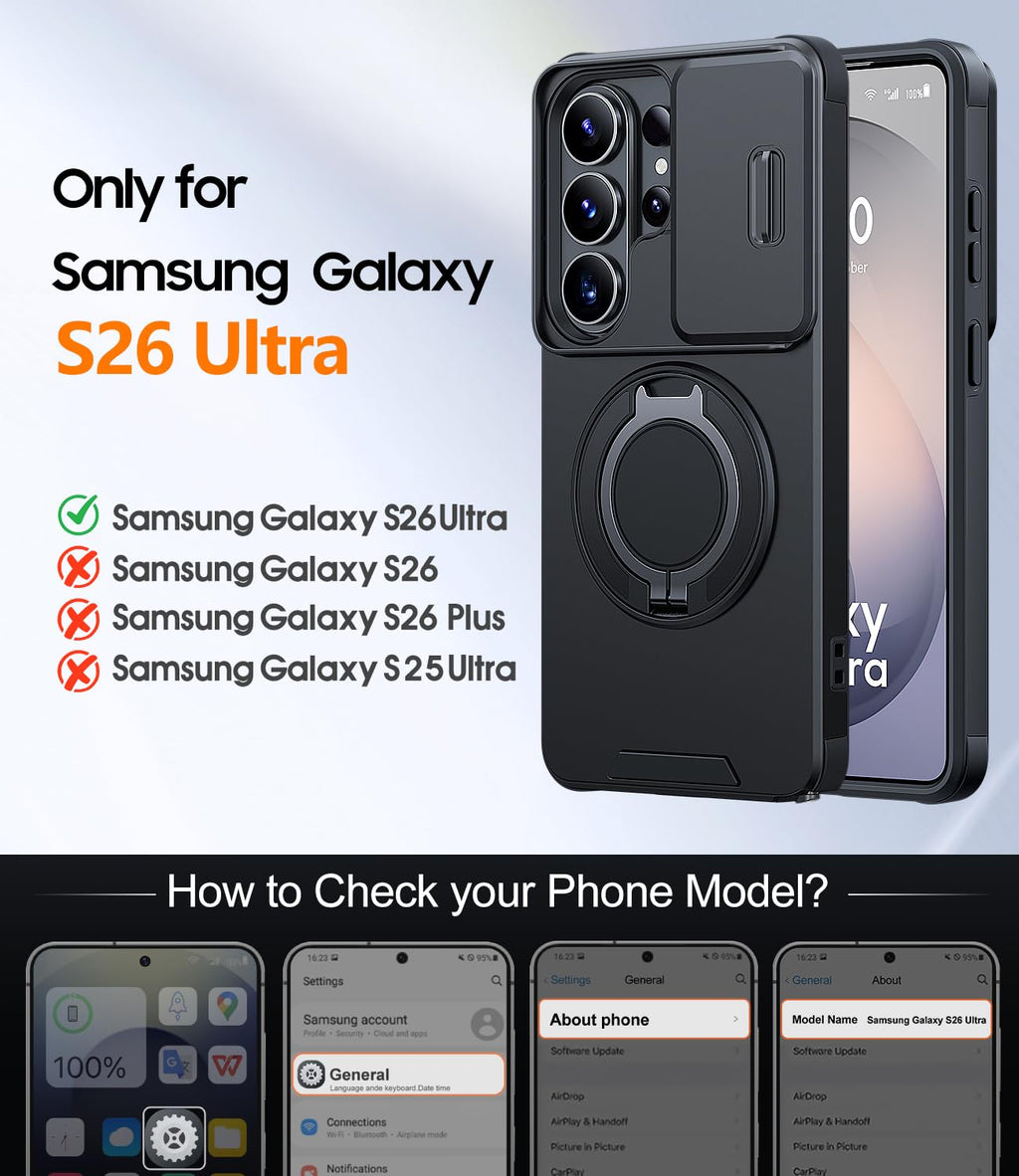 JAME for Samsung Galaxy S26 Ultra Case with Ring Stand & Slide Camera Cover | Ring Holder Kickstand, Screen Protectors, Dual-Layer Shockproof Protective, Magnetic Accessory Friendly Phone Case, Black