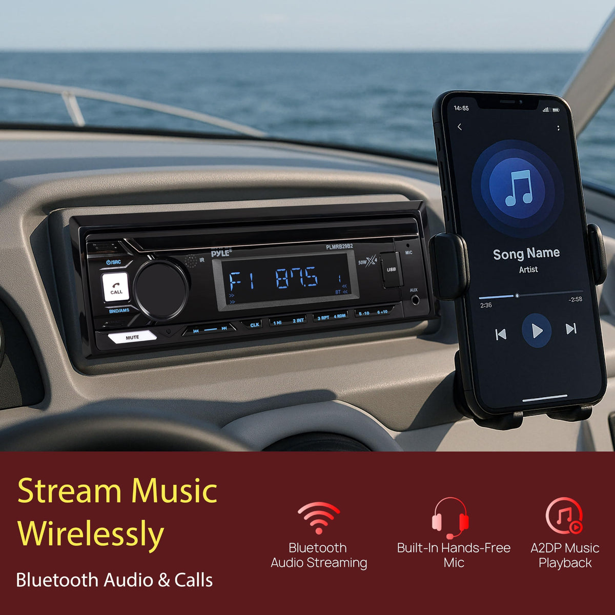 Pyle Marine Radio Stereo Receiver with Bluetooth MP3 Player - Single DIN Boat Audio System, AM/FM Tuner, USB/AUX Input, 30 Preset Stations, Hands-Free Calling, 300W Max Power for Marine and Boat Use