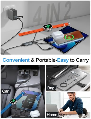4-in-2 Multi Charging Cable for Apple Watch Charger/iPhone/Samsung Charger | Travel Essentials,Type C/Lightning/iWatch/Micro Charging Power Cable for Galaxy/iPhone/iWatch Ultra/12-2/Airpods[1.2M]