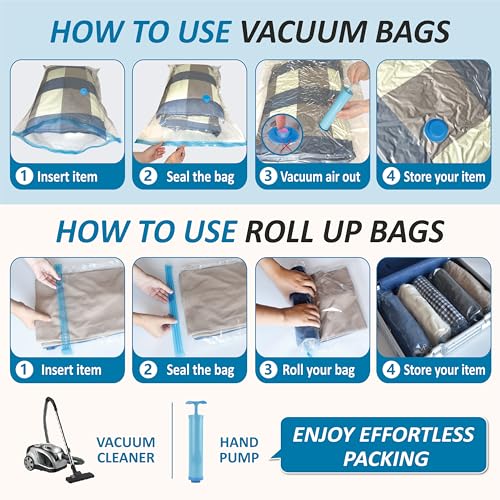 Vacuum Storage Bags with Hand Pump, Vacuum Seal Space Saver Bags,20 Combo | 80% Space-Saving Bags for Clothing, Blankets, Pillows, Bedding & Comforters; Multi-Size Variety Pack for Home & Travel