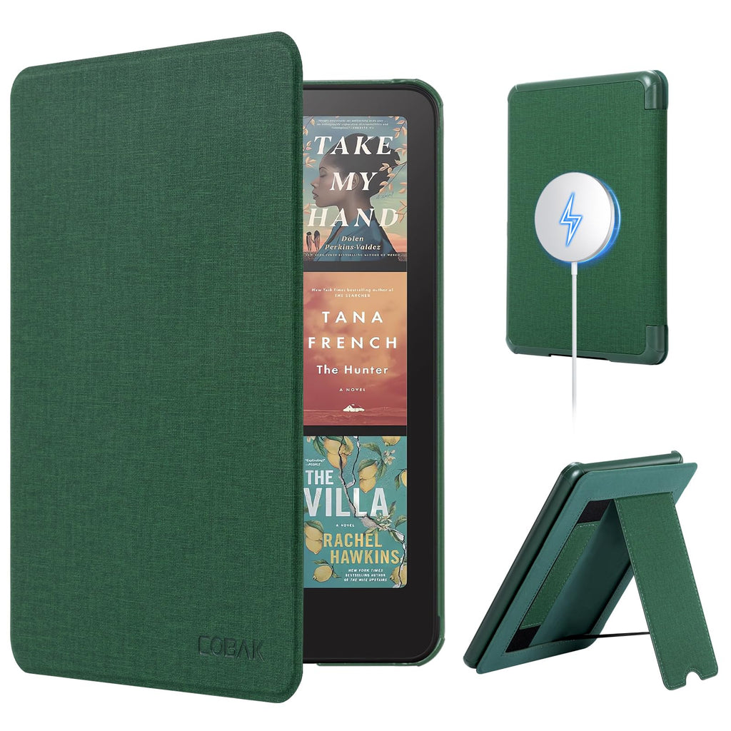 CoBak Stand Case for 7" Kindle Paperwhite & Kindle Colorsoft 12th Gen 2024 | Lightweight Stand with Right Hand Strap, Compatible with iPhone MagSafe and Other Wireless Charging Pads, Dark Green