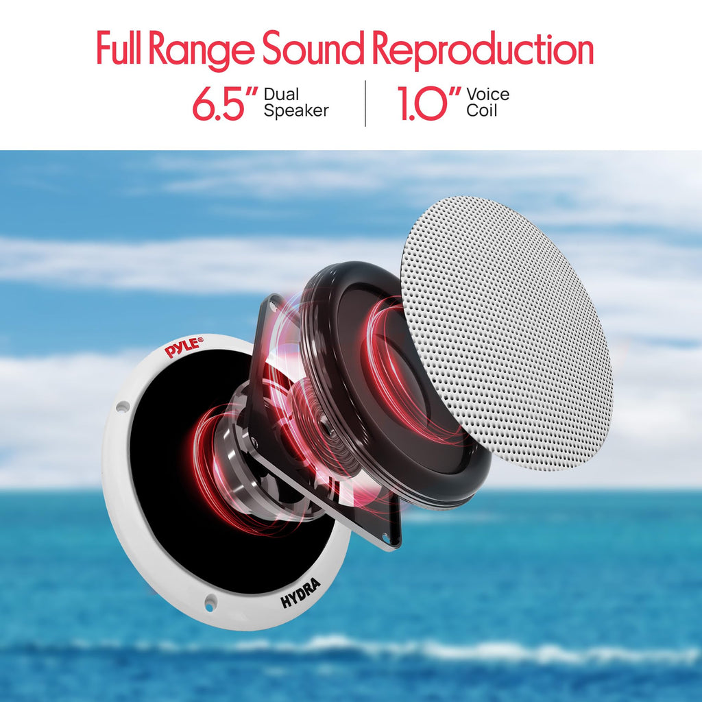 Pyle 6.5 Inch Dual Marine Speakers - 2 Way Waterproof and Weather Resistant Outdoor Stereo Sound System with 400 Watt Power, Polypropylene Cone and Butyl Rubber Surround - 1 Pair - PLMR605W(White)