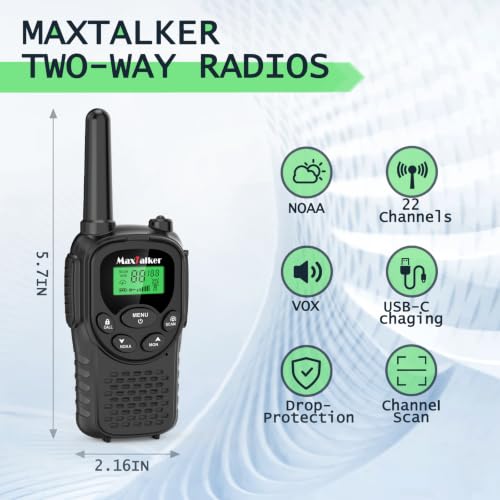Walkie Talkies Long Range for Adults, Rechargeable FRS Two-Way Radio, 2Pack | NOAA weather alert. 1200mAh Li‑ion battery supports USB‑C charging. LED flashlight and VOX hands‑free function for Outdoors.