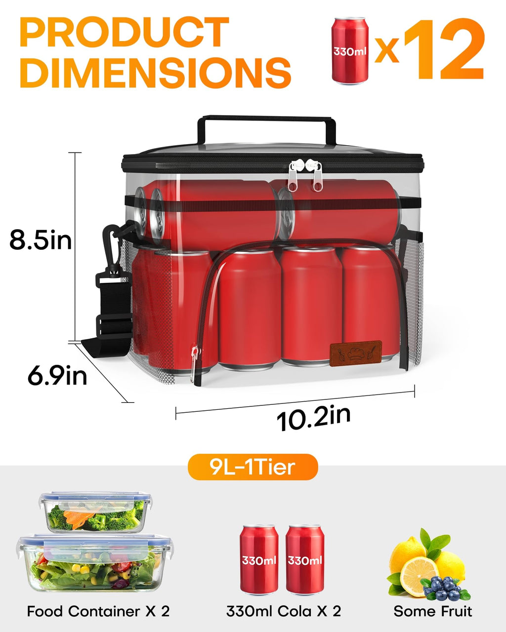 HOTOR Insulated Lunch Box Men Women Leak-Proof Cooler Lunch Bag 9L | 4 Pockets, Adjustable Strap, Ideal for Work, Picnic, Travel, Camping, Gift, Black