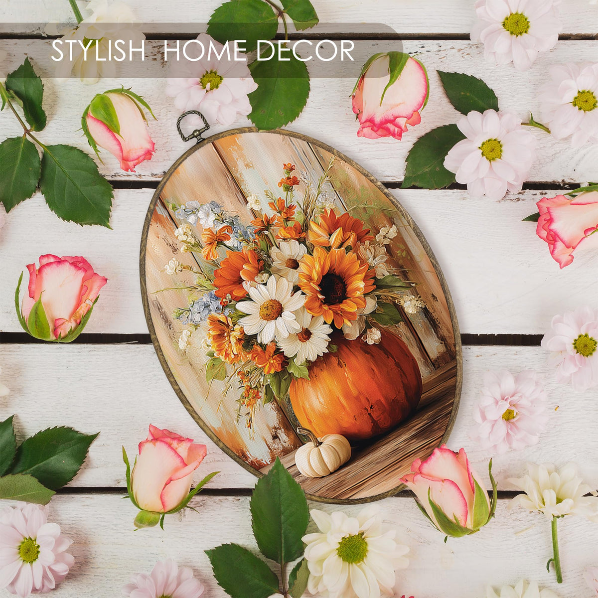 Fewgb Fall Pumpkin Autumn Floral Pictures Oval Wall Art Decor Framed 9x12