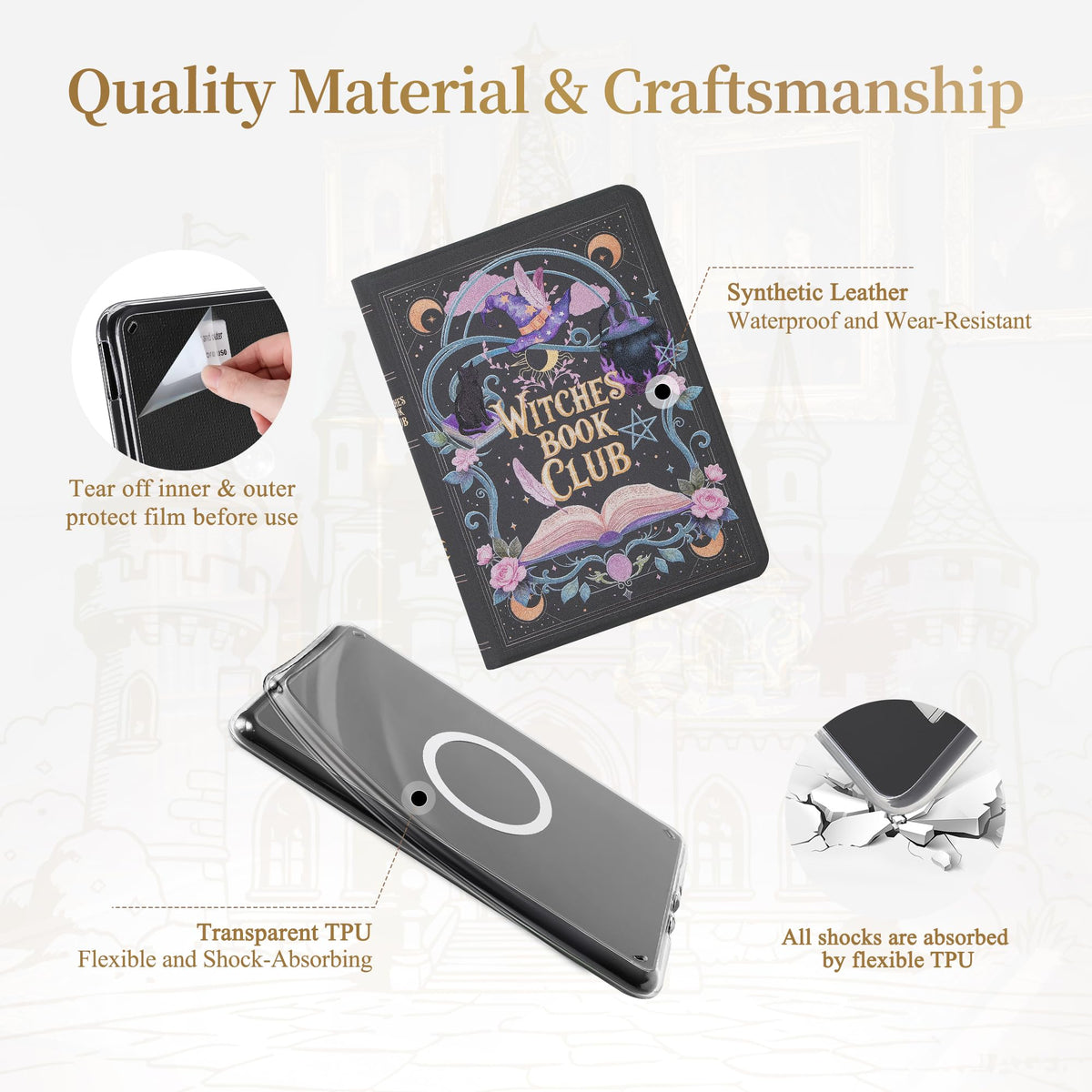 Vane Oak Magnetic Book Cover Case for 7'' Kindle Paperwhite & Colorsoft | Magnetic Detachable, Auto Wake/Sleep, Clear PC Case, Soft TPU Edge, Hands-Free Viewing, For Bookish Travelers, Magic Cat