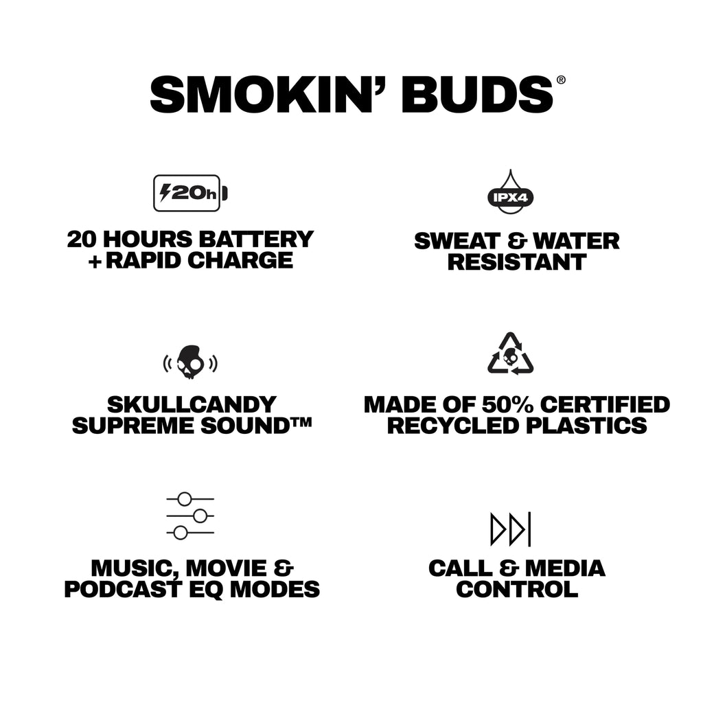 Skullcandy Smokin’ Buds Wireless Noise Isolating Earbuds - True Black | In-Ear Fit, Bluetooth, 20 Hours Battery, IPX4 Sweat and Water Resistant, Microphone for iPhone Android, Commuting, Studying