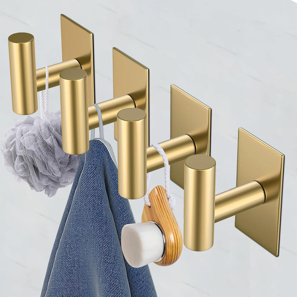 VAEHOLD Wall Towel Hooks, Heavy Duty Sticky Holder Waterproof Towel Hooks for Hanging Coat, Clothes, Closet Hook Wall Mount for Kitchen (Gold, 2 Pack)