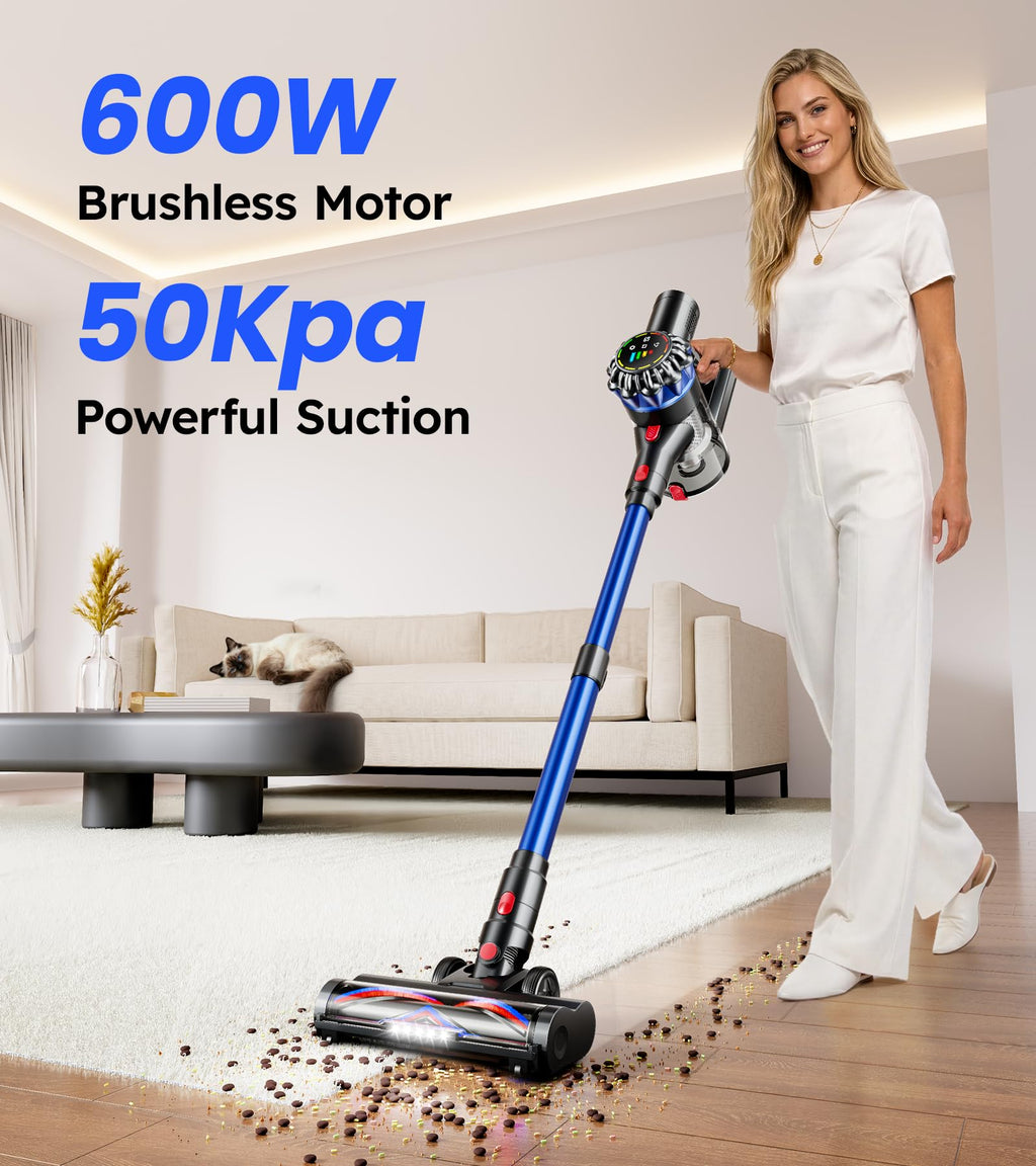 HFFLH Cordless Vacuum Cleaner, 600W 50Kpa 65Mins Cordless Stick Vacuum with Self-Standing, Touch Screen, Anti-Tangle Wireless Vacuum, Vacuum Cleaners for Home/Pet Hair/Carpets/Hardwood Floor